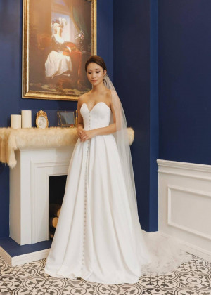 Button Front Strapless Ivory Satin Minimalist Wedding Dress